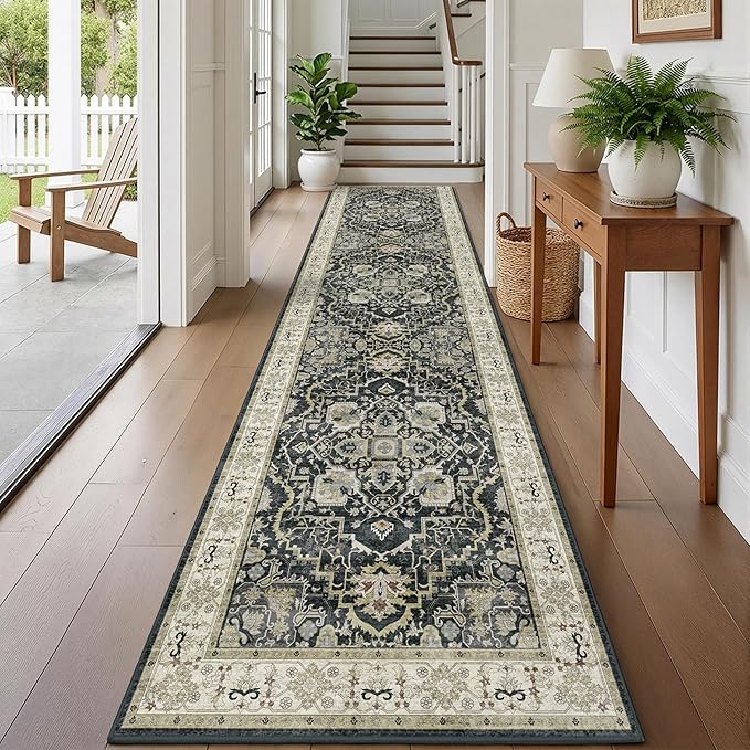 3x12 Runner Rug for Hallway, Non-Slip Long Washable Rug, Soft Thin Vintage Floor Mat for Kitchen, Bathroom, Bedroom, Entryway, Dining Room (Black, 3'x12')