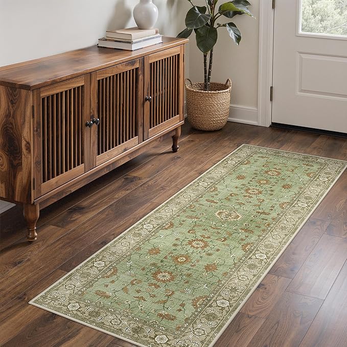 GENIMO Runner Rug for Hallways Machine Washable, 3x7 Non Slip Boho Vintage Lightweight Washable Runners, Thin Floor Rugs for Entryway Hallway Bathroom Laundry Room Corridor, Brick Sage