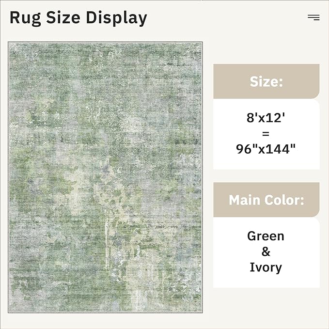 Soalmost Washable Area Rug 8x12, Large Soft Rugs for Living Room Vintage Green/Ivory Carpet 8x12 Area Rugs for Bedroom Dining Room Non-Slip Stain Resistant Under Table Rug