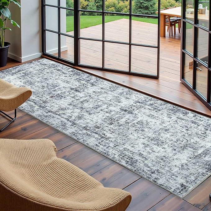 HOMORE Hallway Runner Rugs 2x6 Gray Rug for Bedroom, Washable Abstract Kitchen Rug Non Slip Rugs for Kids Nursery Room Vintage Carpet for Dorm Entryway