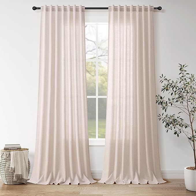 Nanspring Natural White Linen Curtains 90 Inches Long for Living Room Light Filtering Semi Sheer Neutral Farmhouse Decor Curtains Back Tab Privacy Burlap Textured Curtain for Bedroom 52x90, 2 Panels