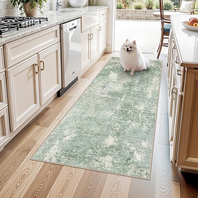3x6 Washable Kitchen Runner Rug - Non Slip Stain Resistant Low-Pile Thin Wide Carpet Runners for Entryway Hallway Bathroom Bedside,Modern Neutral Abstract(Sage Green,3x6)
