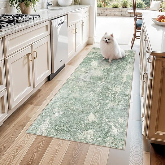 3x6 Washable Kitchen Runner Rug - Non Slip Stain Resistant Low-Pile Thin Wide Carpet Runners for Entryway Hallway Bathroom Bedside,Modern Neutral Abstract(Sage Green,3x6)