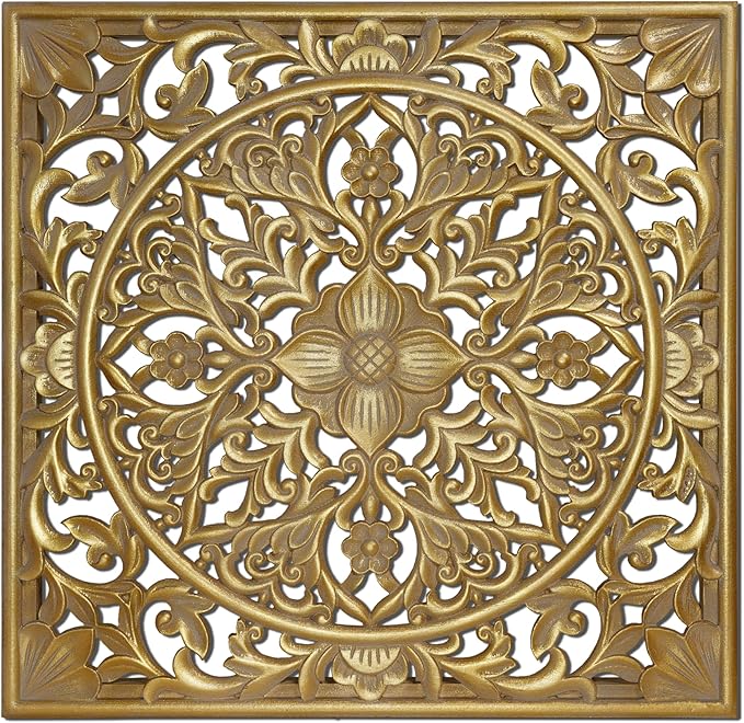 XIAOAIKA Boho Carved Wood Wall Sculpture, Intricate Floral Mandala Design with Distressed Gold Finish, Vintage Farmhouse Wall Art Panel with Solid Wood Frame for Bedroom Entryway (22" x 22")