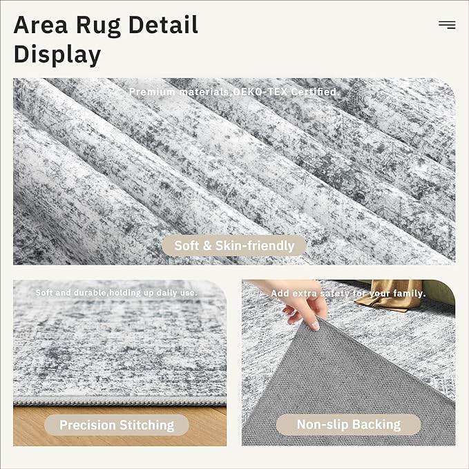 Soalmost 8x8 Grey Round Rug 8ft Living Room Circle Rug Vintage Round Area Rug Non Slip Indoor Carpet for Apartment