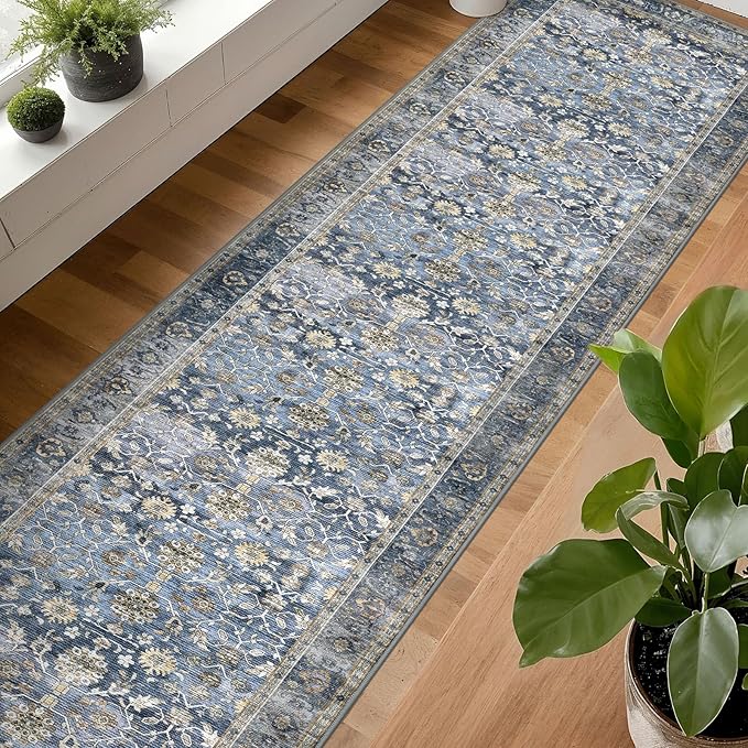 KUTA Vintage Washable Long Runner Rug, 2.6x18 Blue Grey Beige Runners for Hallways Non-Slip Kitchen Rugs Ultra Thin Soft Printed Distressed Floral Floor Carpet for Bedroom Living Room Nursery