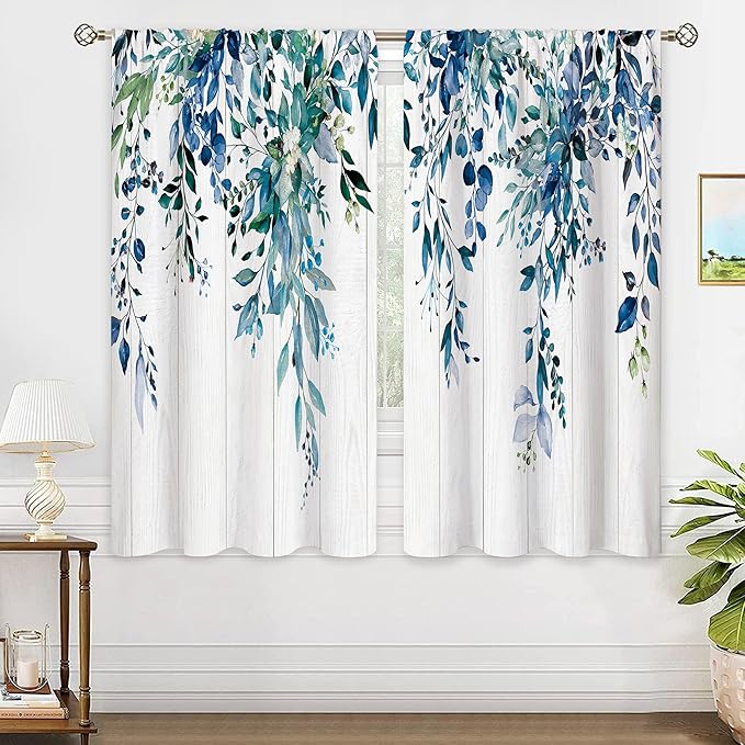 Wooden Navy Blue Eucalyptus Botanical Leaves Floral Window Curtains Boho Rustic Farmhouse Flower Plant Leaf Rod Pocket Curtain Drapes Curtains for Bedroom Living Room Treatment 42Wx45H Inch