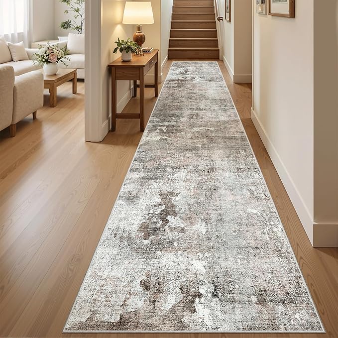 Soalmost Runner Rug 2x12 Washable Non-Slip Hallway Runner Rugs for Kitchen Bathroom Laundry Room Pink/Grey Vintage Floor Carpet Runners for Hallways Entryway