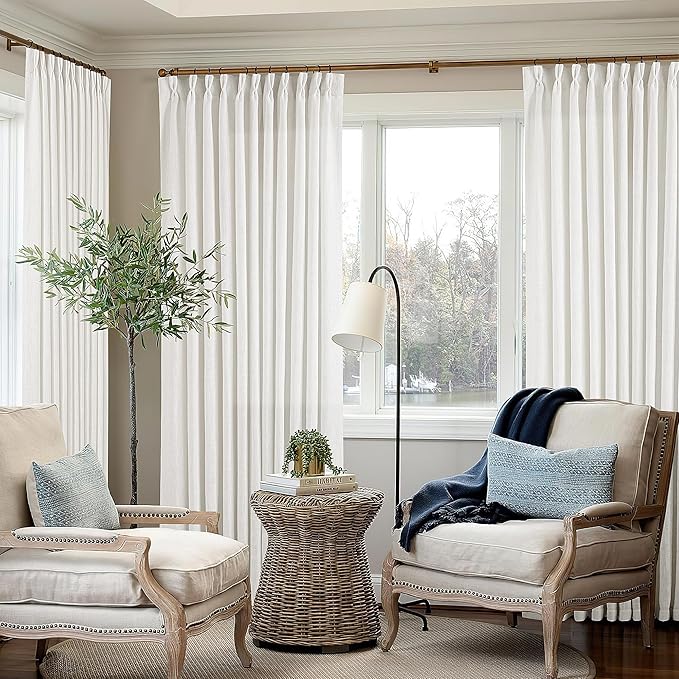 TWODRAPES Ivory White Pinch Pleated Extra Wide Linen Curtains 84 Inches Long for Patio Sliding Glass Door 70 Inch Wide Pleated Drapes with Hooks Rings Semi Sheer 70x84 Curtain for Living Room 1 Panel