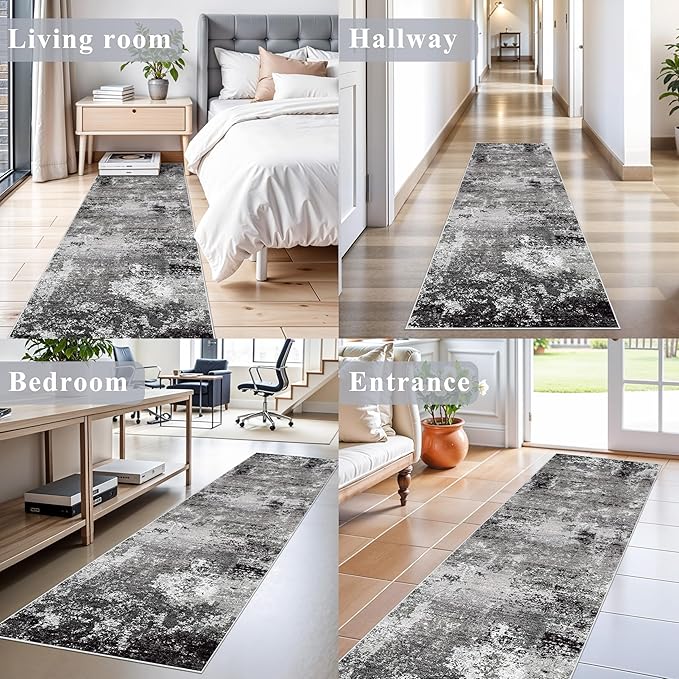 2x8 Washable Hallway Runner Rug – Non-Slip Modern Abstract Neutral Low-Pile Stain-Resistant Carpet Runner for Kitchen Entryway Bedroom Bathroom (Black Grey,2x8)