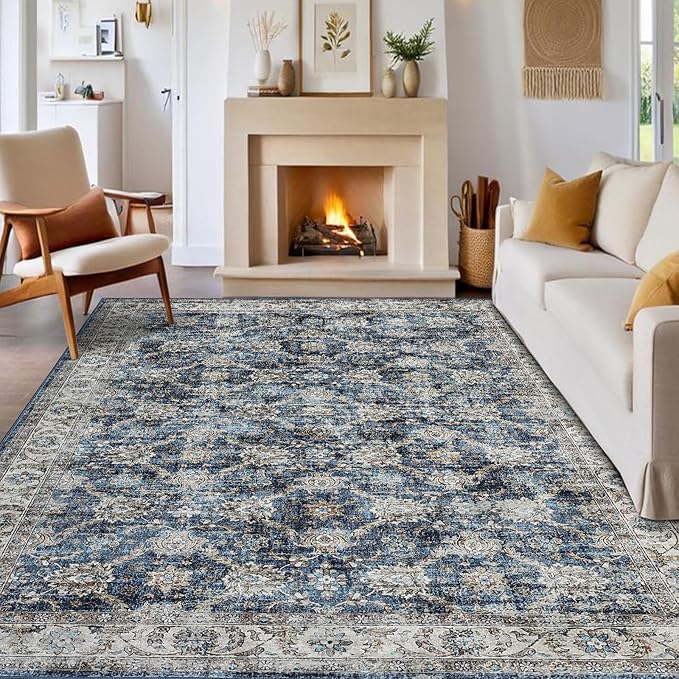 GarveeHome Vintage Rug 4x6 Floral Print Area Rug for Living Room Washable Non Slip Farmhouse Distressed Indoor Carpet Foldable Low Pile Soft Accent Throw Rug for Bedroom Home Nursery, Blue
