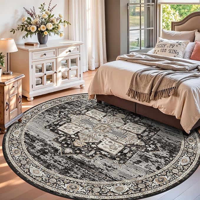 RUUGME 8ft Round Rugs for Living Room : Large Circle Rugs for Bedroom Ultra Soft Carpets with Non Slip Backing Stain Resistant Decoration Floor Mat for Kitchen Dining Room 8ft Black