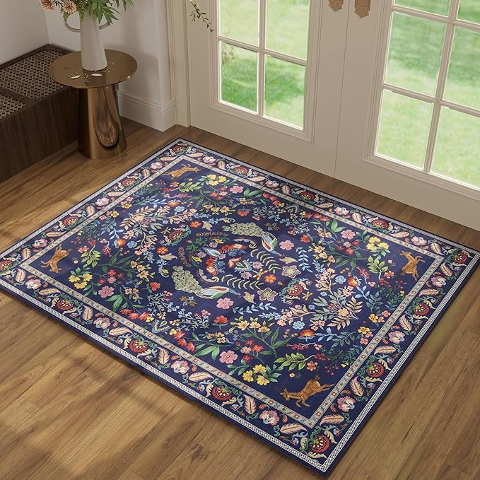 Rugcomf Round Rug 4ft Washable Circle Rug Floral Non Slip Low Pile Small Circular Rug for Bedroom, Bathroom, Entryway, Kids Room, Office(Blue)