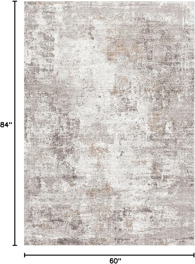 5x7 Non-Slip Machine Washable Area Rug - Modern Abstract Neutral Carpet for Living Room, Bedroom, Kitchen, Dining Room, Office - Soft Low Pile Stain-Resistant Rug with Rubber Backing (Beige, Grey)