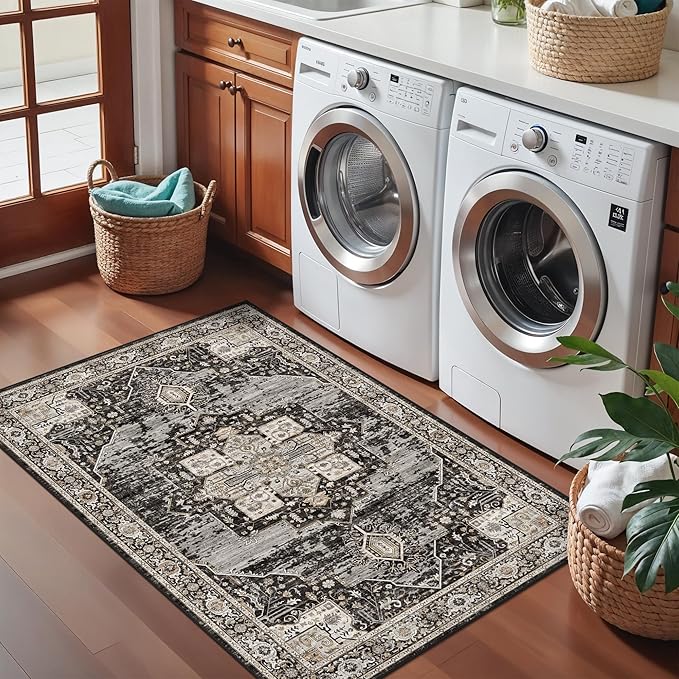 RUUGME Black Washable Entry Rug : 3x4 Rugs for Entryway Kitchen Bathroom Indoor - Soft Stain Resistant Carpets Distressed Floor Decor Mat 3x4 Black