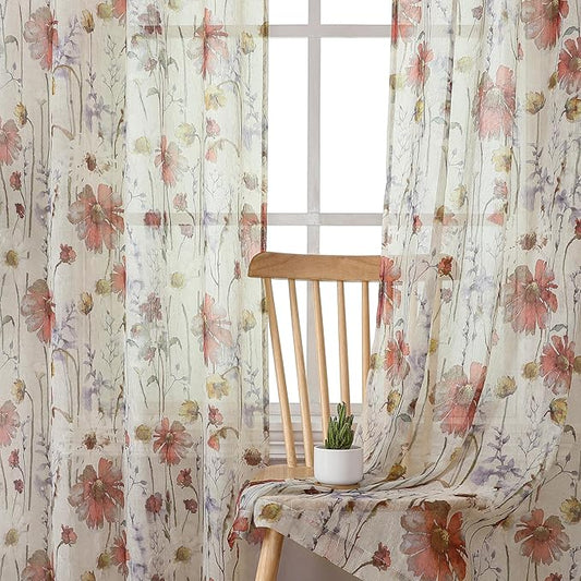 OWENIE Crushed Sheer Curtains 90 Inch Length 2 Panels Set, Sheer Floral Curtains Printed Drapes on Sheers for Living Room, Rod Pocket Light Filtering Window Sheers 51" W x 90" L