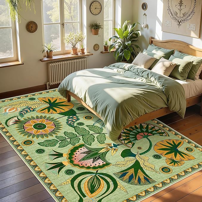 Joydeco Egypt Floral Boho Living Room Area Rug 6x9, Sage Green Washable Area Rug for Bedroom Dining Room Table, Non Slip Vintage Indoor Throw Carpet for Playroom Nursery Dorm Classroom, Green