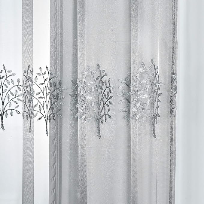 DONREN Luxury Grey Embroidery Sheer Curtain Panels for Living Room - 84 inch Length Leaf Embroidery Voile Window Curtains for Bedroom(W 52 x L 84 Inch,2 Panels)