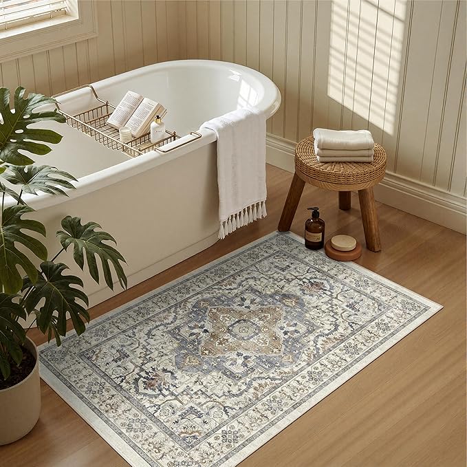 Washable Entryway Runner Rug - 2x3 Kitchen Rug Distressed Low Pile Mats Non Slip Soft Rugs for Dining Room with Rubber Backing Bedroom Runner with Vintage Design (Beige/Blue 2x3)