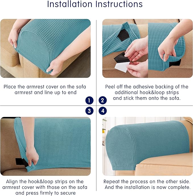 SUBRTEX Stretch Couch Arm Covers Set of 2, Checkered Sofa Arm Slipcovers, Anti-Slip Armrest Covers for Recliner and Armchairs, Pet Proof, High Stretchy, Hook & Loop Tape, Steel Blue
