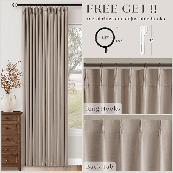 Extra Wide 70 Inch Burlywood Birch Blackout Bedroom Curtains 96 Inches Long Memory Trained Pinch Pleated Room Darkening Thermal Linen Textured Two Layer Drapes for Living Room Sliding Patio Door