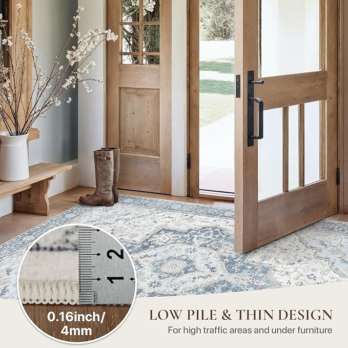GENIMO Runner Rug 2'6"x6 Machine Washable Non Slip Vintage Hallway Runner Rug, Low Pile Lightweight Rugs for Indoor Entryway, Hallway, Kitchen and Corridor, Light Blue Beige