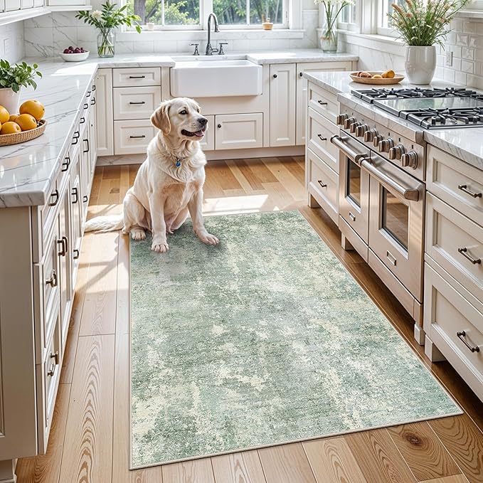 3x4 Washable Entryway Area Rug – Non-Slip Modern Abstract Small Area Rug for Kitchen, Bedroom, Bathroom – Soft Low-Pile Thin Indoor Door Mat (Sage Green,3x4)