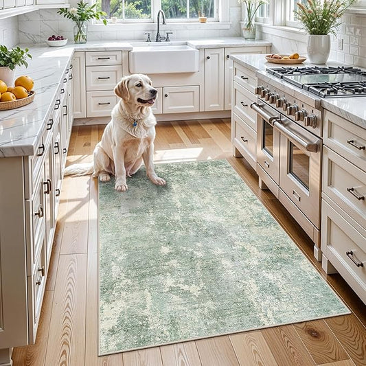 3x4 Washable Entryway Area Rug – Non-Slip Modern Abstract Small Area Rug for Kitchen, Bedroom, Bathroom – Soft Low-Pile Thin Indoor Door Mat (Sage Green,3x4)