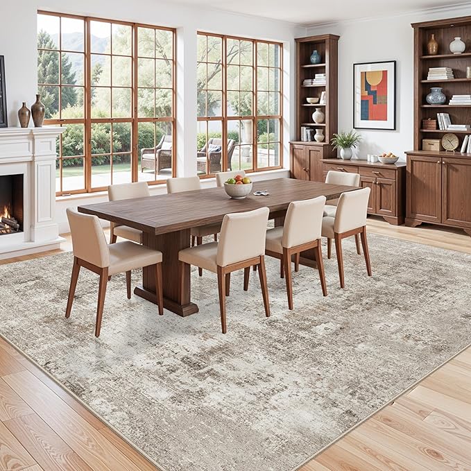 11x11 Square Area Rug for Living Room–Washable Non-Slip Soft Large Rug for Bedroom Playroom – Low-Pile Stain-Resistant Modern Abstract Neutral Indoor Carpet (Beige Grey,11ft)