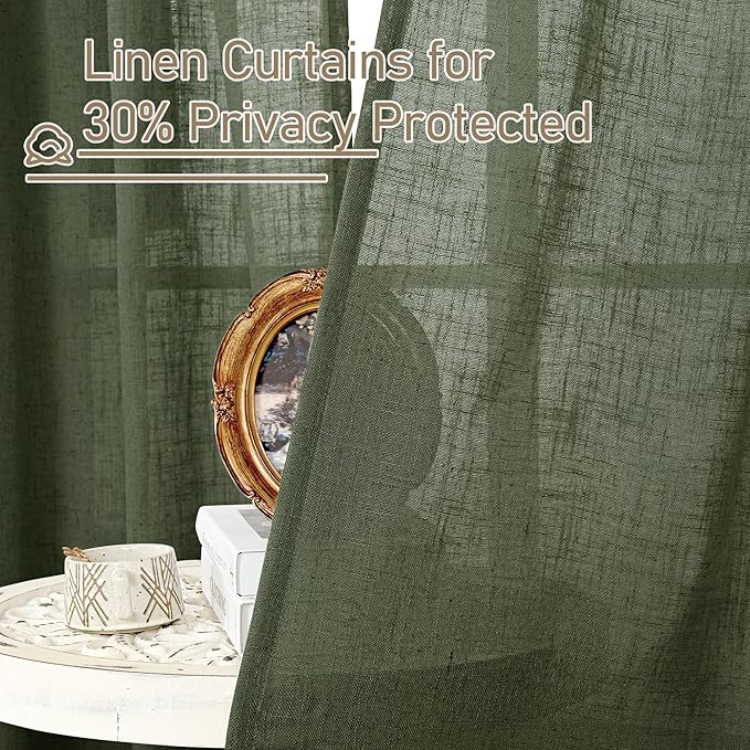 LAMIT 45 Inch Short Window Linen Curtains, Light Filtering Panels Back Tab and Rod Pocket Christmas Decor Drapes for Cafe/Bathroom/Loft Room, Olive Green, 2 Panels, 34 x 45 Inch