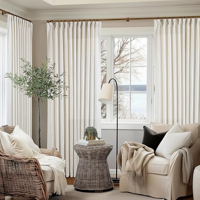 TWODRAPES Pinch Pleated Extra Wide Curtain Panels 90 Inches Long 70 Wide Linen Curtain for Patio Sliding Glass Door Cream Hooks Rings Semi Sheer Privacy 90 Inch Length for Living Room 70x90 1 Panel
