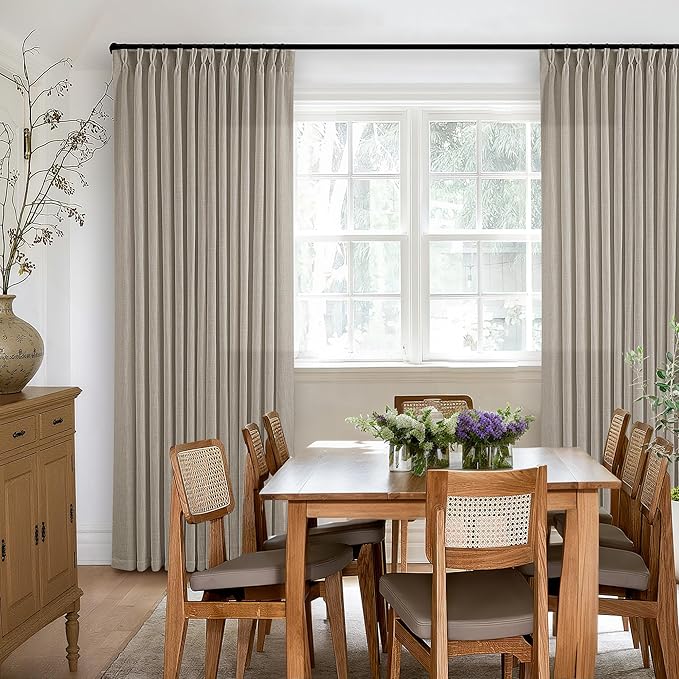 Flax Linen Curtains Pinch Pleated 84 Inch Length 2 Panels for Living Room Bedroom Burlywood Birch Semi Sheer Rustic Farmhouse Back Tab Pinch Pleat Hooks Rings Window Curtain 84 Inches Long Taupe