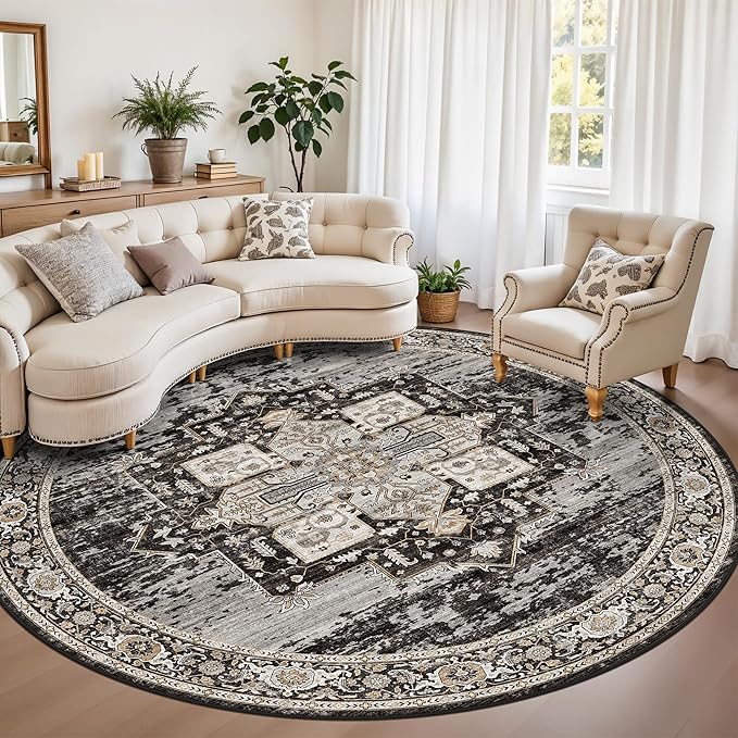 RUUGME Round Area Rug: Machine Washable Stain Resistant 5 Round Rug for Living Room,Bedroom Non Slip Low Pile Carpets for Dining Room Ultra Thin Soft Home Decor Floor Mat 5ft Black