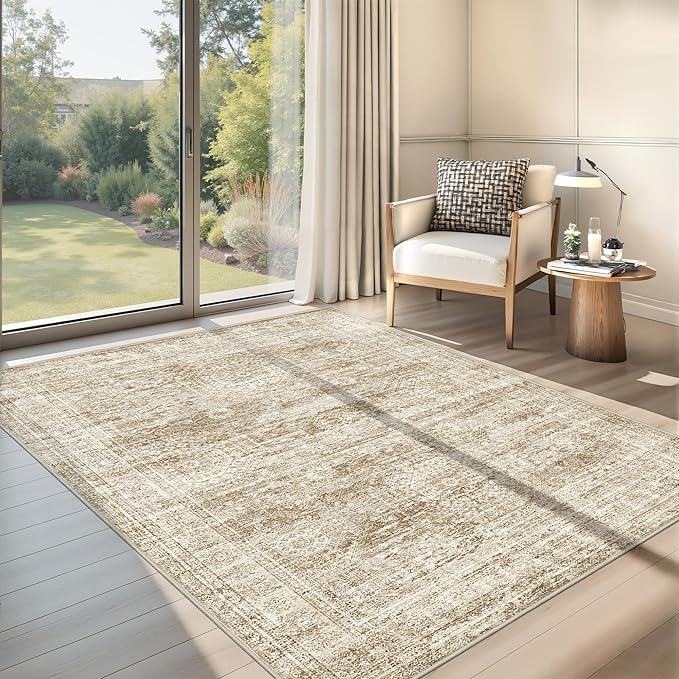 Area Rugs 4x6 for Living Room, Non-Slip Backing Small Kids Rugs for Bedroom, Vintage Abstract Rug Home Decor, Low Pile Soft Washable Rug for Kitchen, Dining Room(4'x6', Brown/Ivory)
