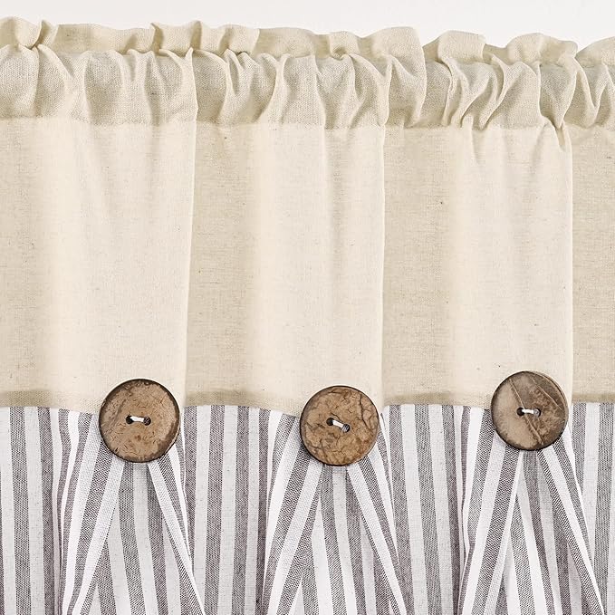 ASPMIZ Farmhouse Cotton Linen Swag Valances for Windows, Boho Kitchen Curtains Valances with Rustic Buttons, Brown Striped Window Treatments Curtain Valance for Bathroom Cafe, 61 x 36 Inch, 1 Panel