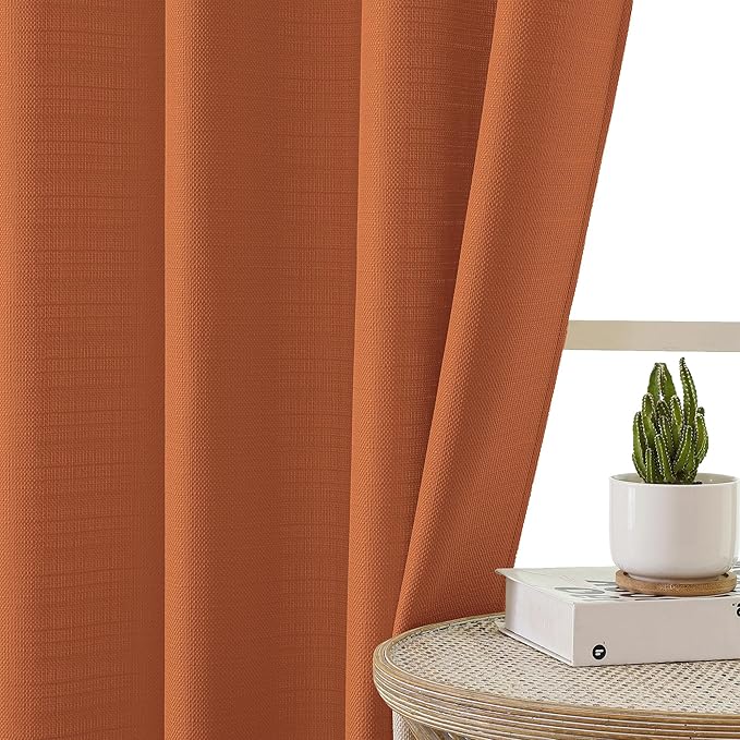 Chyhomenyc Orange Curtains 45 Inch Length 2 Panels, Faux Linen Textured Semi Sheer Light Filtering Soft Airy Rod Pocket Window Treatment Drapes for Living Room Bedroom, 30Wx45L Inch, 2 PCS