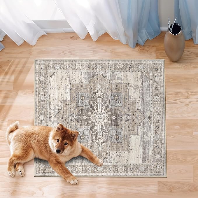 Washable Small 2x2 Rug Square - Boho Ultra Thin Soft Non Slip Rugs Multi-Use Stain Resistant Easy-Clean Carpets for High-Traffic Entryway, Kitchen, Pet Area, Bathroom & Dorm Decor 24x24 Beige