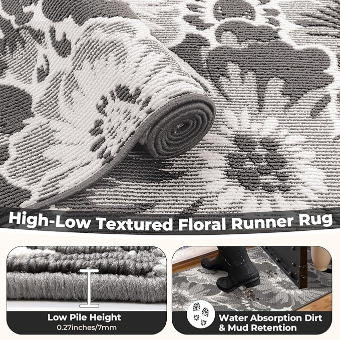 Findosom Hallway Runner Rug 2x8, Non Slip High-Low Textured Floral Washable Runner Rug with Rubber Backing, Boho Carpet Runner for Kitchen, Entryway, Bedroom, Laundry, Gray