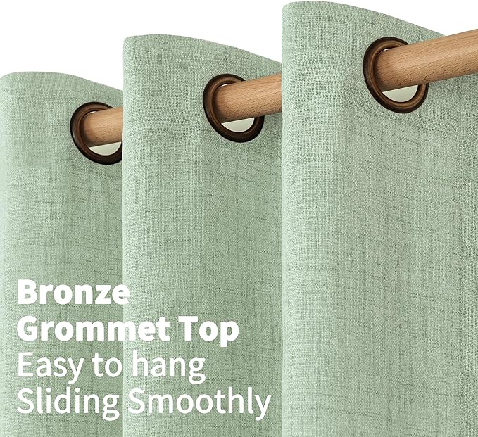 YoungsTex Sage Green Linen Curtains 80 Inches Long for Living Room, Bronze Grommet Textured Semi Sheer Drapes Privacy Light Filtering Window Treatments for Bedroom Dining, 52 x 80 Inch, 2 Panels