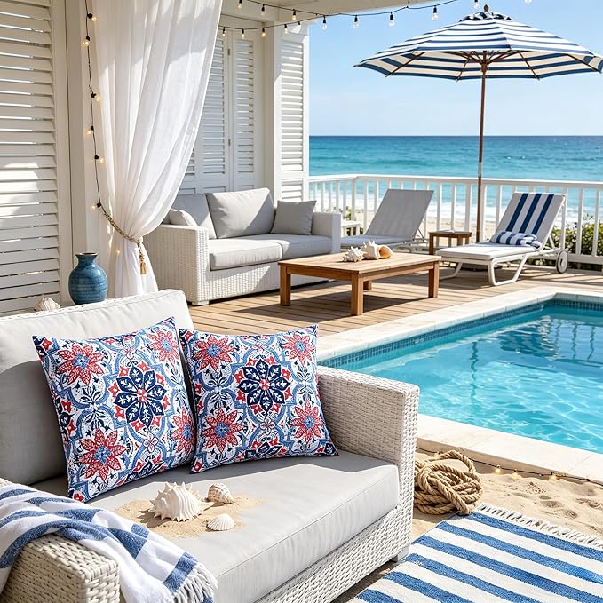 JMGBird Water-Resistant Outdoor Pillows Set of 2, 18x18 inch Durable White with Red Mandala Flower Throw Pillows with Inserts for Patio Furniture