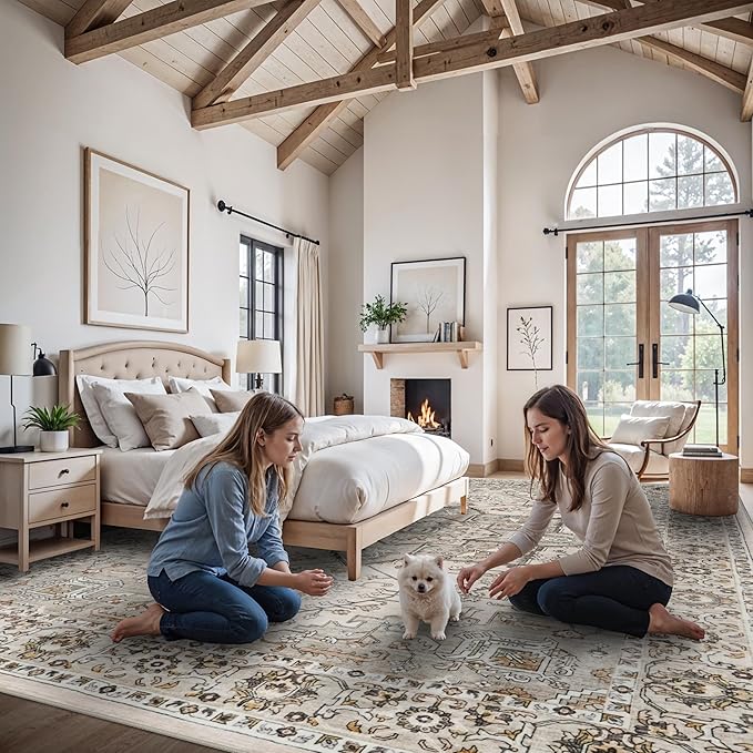RUUGME Washable 12x15 Area Rug - Large Vintage Area Rugs with Non Slip Backing Stain Resistant Carpet for Bedroom Dining Room Indoor Soft Carpets Home Decor Decoration Mat 12x15 Ivory