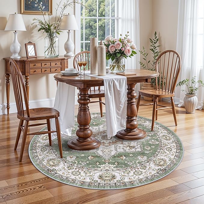 RUUGME Washable 4round Area Rugs - Boho Rugs for Living Room Stain Resistant Carpet Vintage Tribal Rugs for Bedroom Kitchen Bathroom with Non Slip Backing Home Decor Floor Decoration Mat 4ft Sage