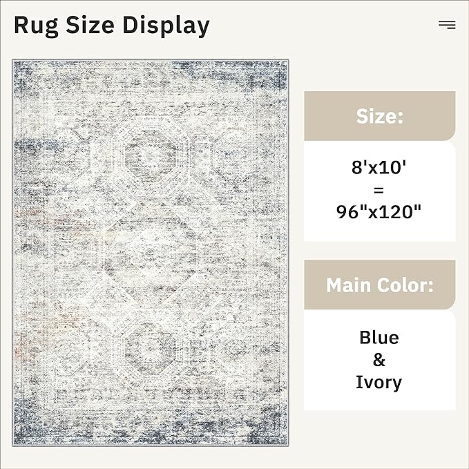 Soalmost Washable Area Rug 8x10, Large Soft Rugs for Living Room Vintage 8x10 Area Rugs for Bedroom Dining Room Non-Slip Stain Resistant Under Table Blue Ivory Rug