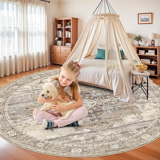 RUUGME 8ft Round Area Rug - Washable Vintage Round Area Rugs for Living Room Bedroom Ultra Soft Decoration Carpets with Non Slip Backing Stain Resistant Floor Mat for Bathroom 8ft Beige