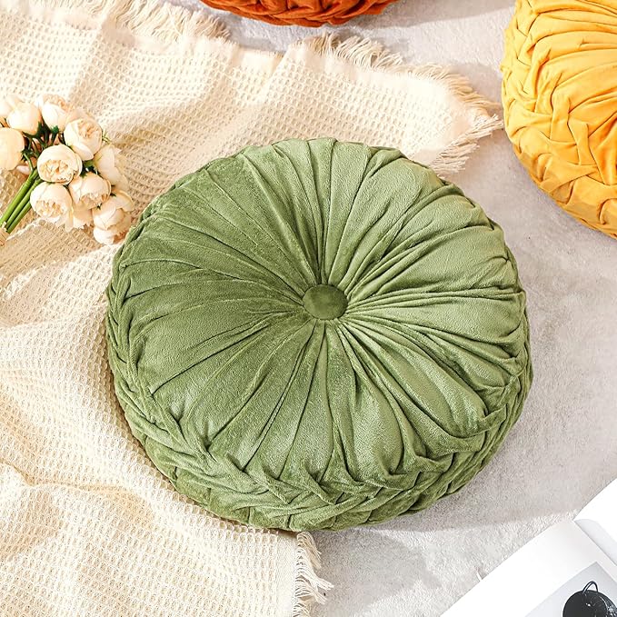 Drydiet 2 Pcs Round Throw Velvet Pillows Decorative Pleated Throw Pillows 15'' Diameter Accent Pumpkin Boho Chair Cushion for Couch Sofa Home Decoration (Olive Green)