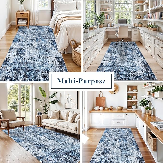 4x8 Washable Area Rug – Non-Slip Rubber Backed Indoor Rug for Entryway, Kitchen, Hallway | Modern Abstract Neutral Low Pile Thin Floor Mat for Bedroom, Living Room, Office（Blue）