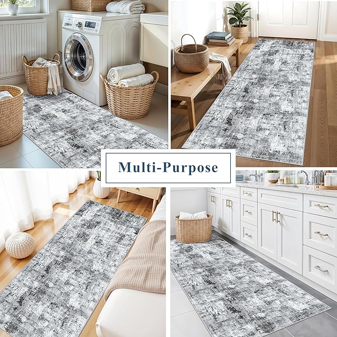3x7 Washable Non-Slip Kitchen Runner Rug – Modern Abstract Neutral Beige & Gray Carpet for Hallway, Entryway, Bedroom, Laundry Room – Low-Pile Thin Wide Floor Runner with Rubber Backing （Grey）