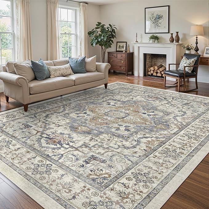 Beige 8x10 Washable Large Area Rug, Non-Slip Soft Ultra-Thin Polyester Carpet with Vintage Vintage Stain Large Rug for Living Room, Bedroom, Dining Room & Open-Concept Spaces Oeko-TEX - Beige/Blue
