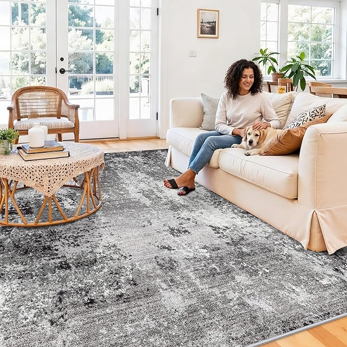 10x10 ft Square Living Room Rug – Washable Modern Abstract Area Rug for Bedroom, Dining Room, Playroom – Neutral Non-Slip Low-Pile Thin Indoor Carpet (Black Grey,10x10)