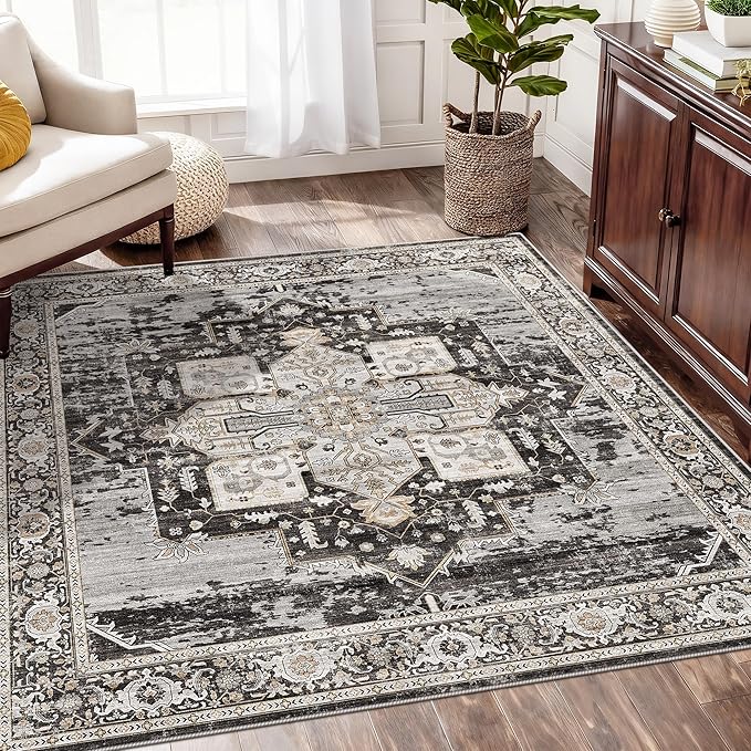 RUUGME Washable 5 x 5 Square Rug- Area Rugs for Living Room Stain Resistant Carpet Soft Rugs for Married Woman in Bedroom Kitchen Dining Room with Non Slip Backing Home 5x5 Black